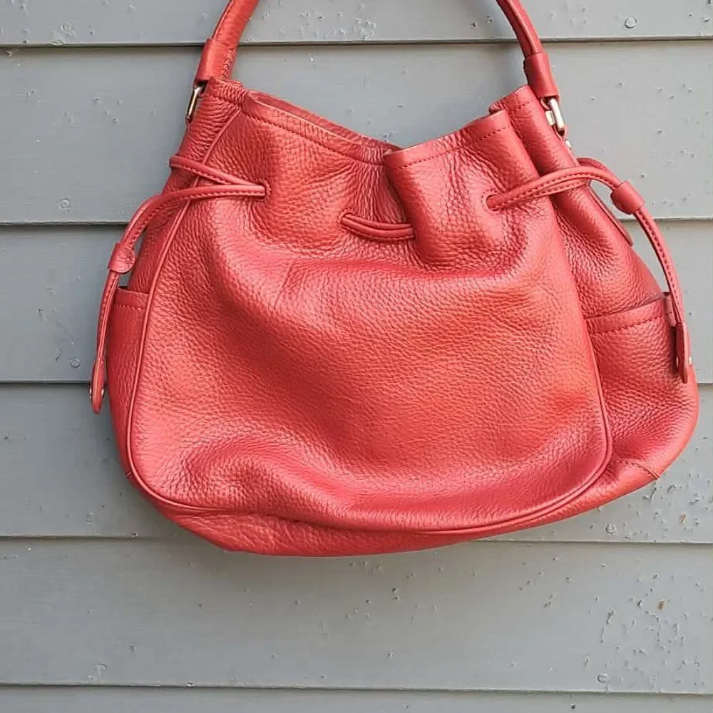 Cole Haan Denney Hobo Bucket Red Pebbled Leather Shoulder Bag